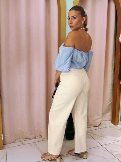 Top en popeline bouffant manche bardot - bleu ciel