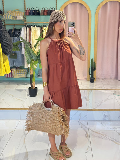 Robe en popeline de coton à encolure cloutée - terracota