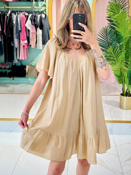 Robe coton col V dos noué - Camel