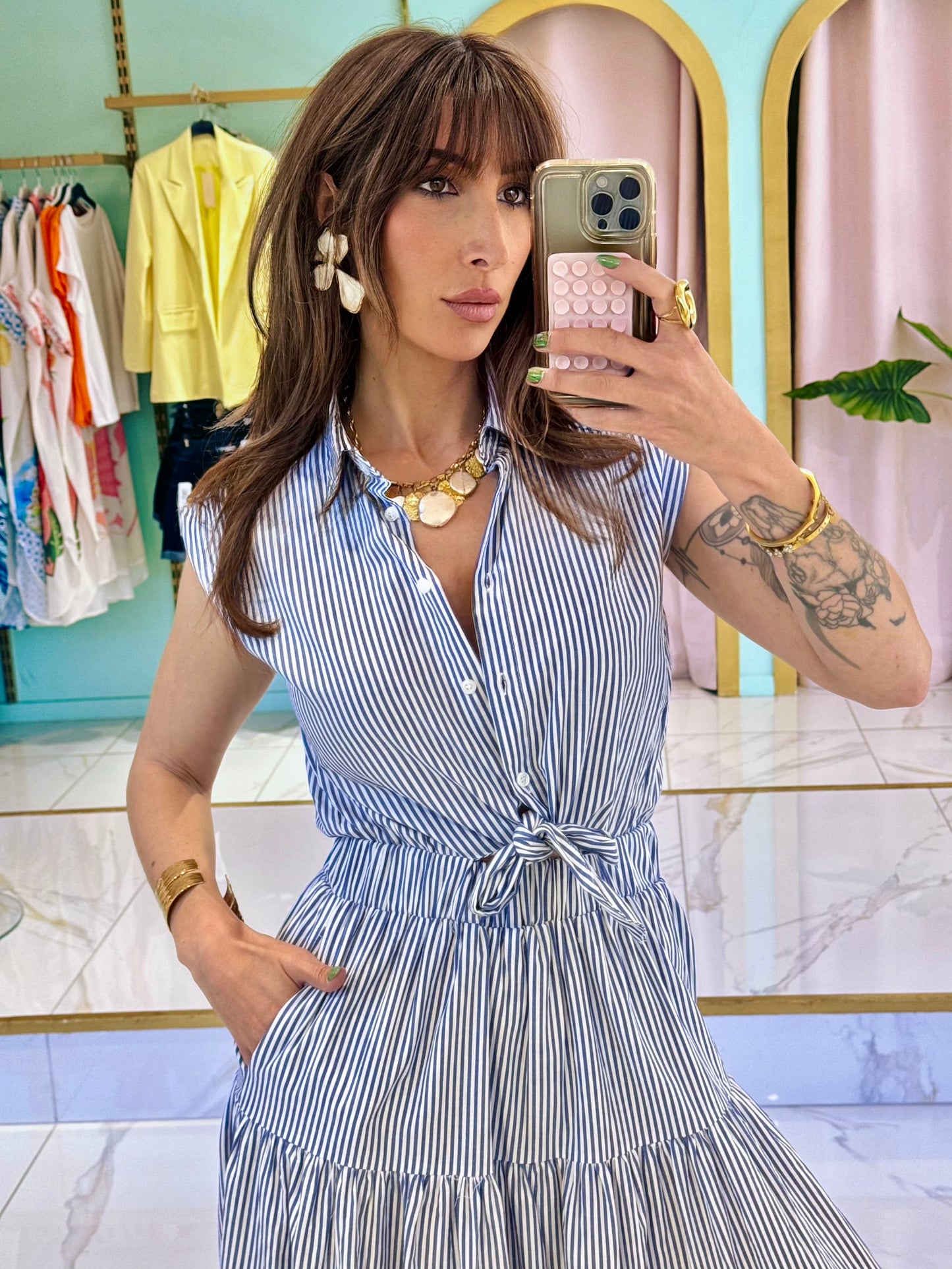 Robe longue rayée bleu