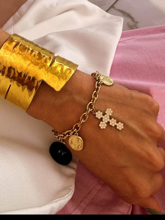 Bracelet chaine pièces & croix or