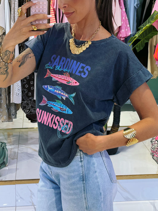 T-shirt sardine gris inscription bleu