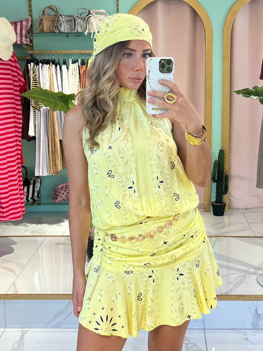 Ensemble top / jupe et foulard bandana  - jaune pastel