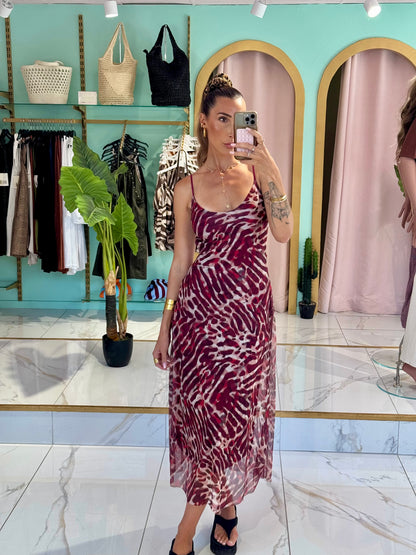 Robe longue dos nu imprimé animal - bordeaux