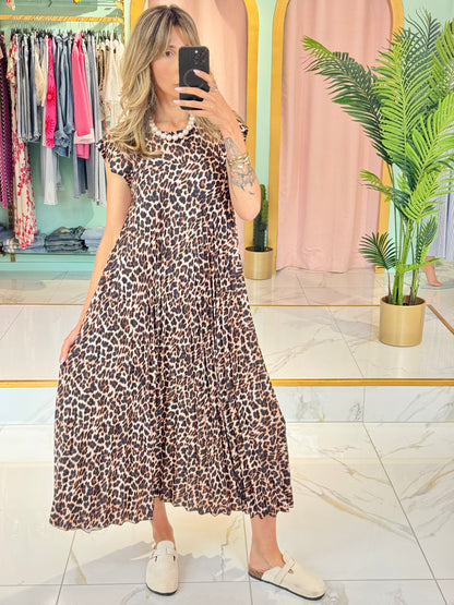 Robe longue plissée léopard – marron