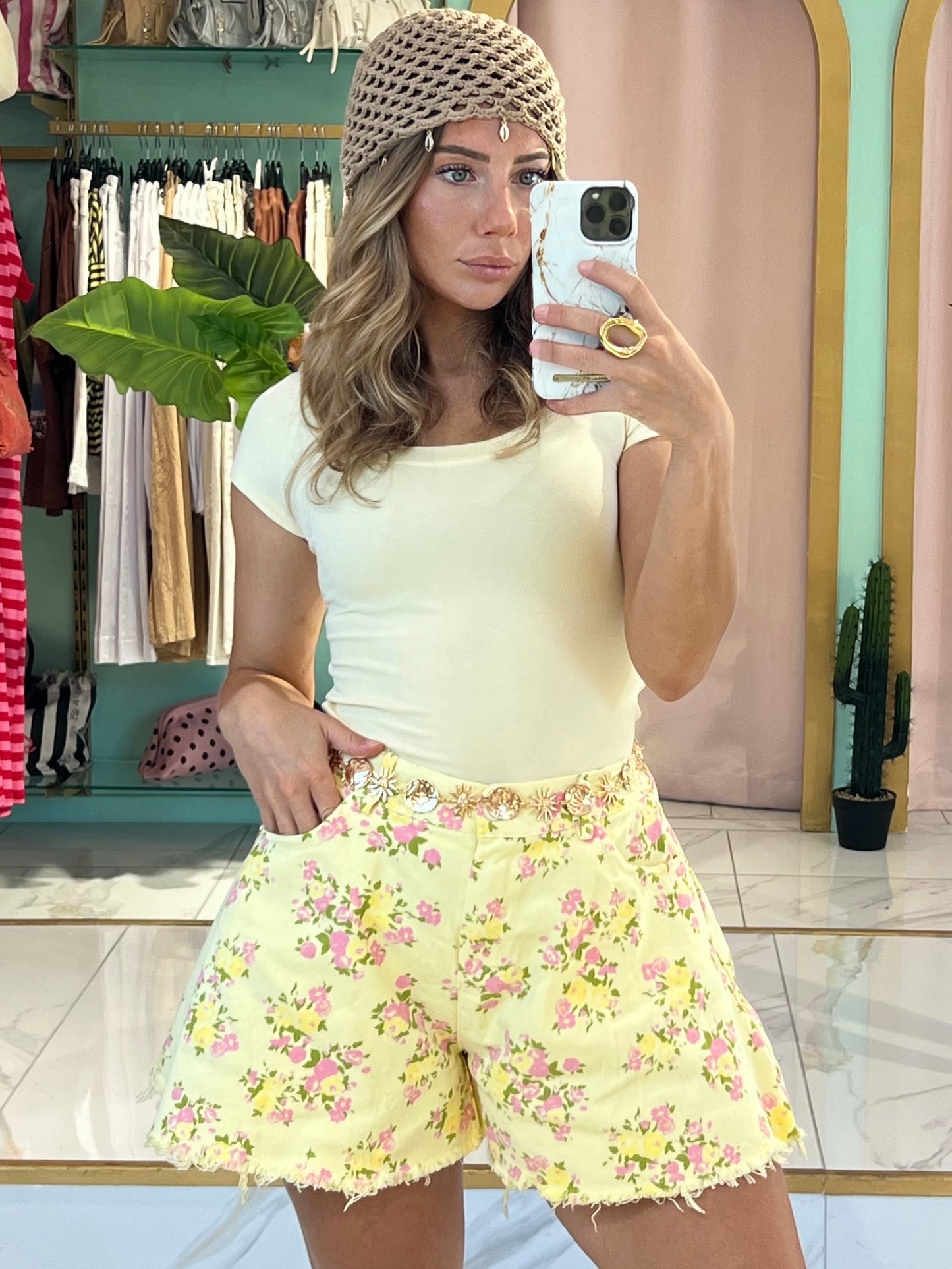 Short en jean maxi loose imprimé liberty - jaune