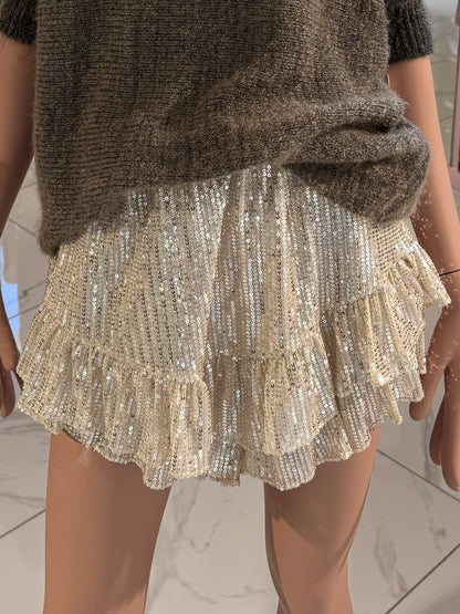 Jupe short à volant en sequins beige