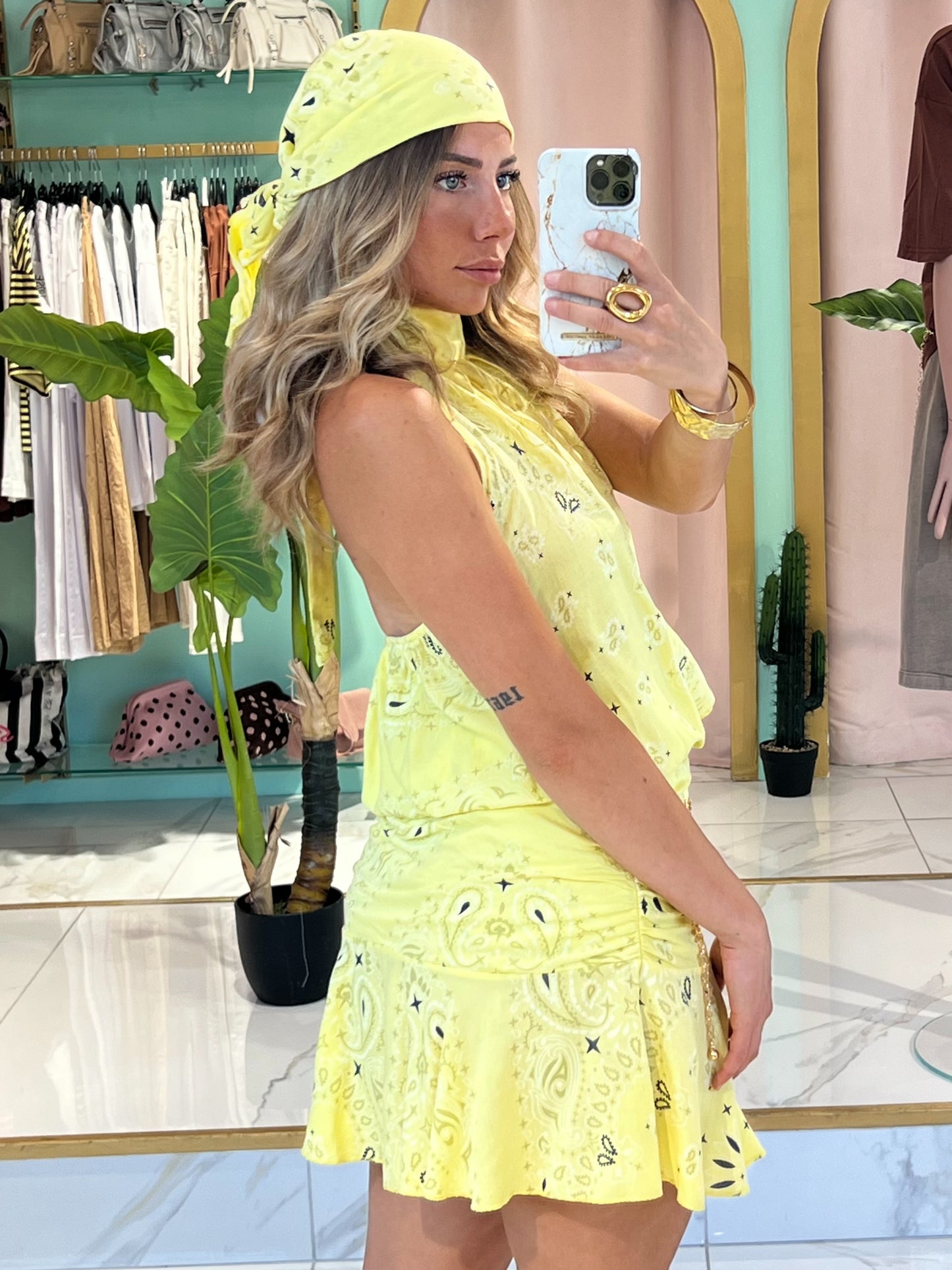 Ensemble top / jupe et foulard bandana  - jaune pastel