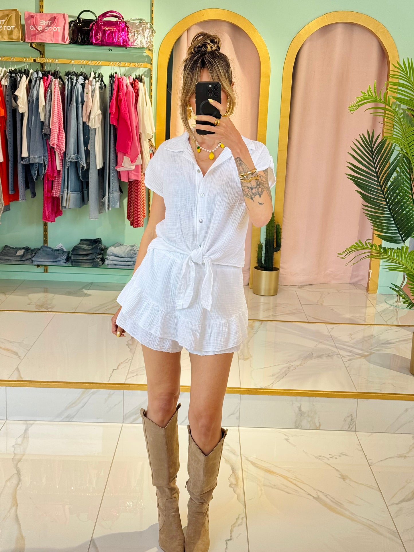 Chemise nouée en gaze de coton – blanche