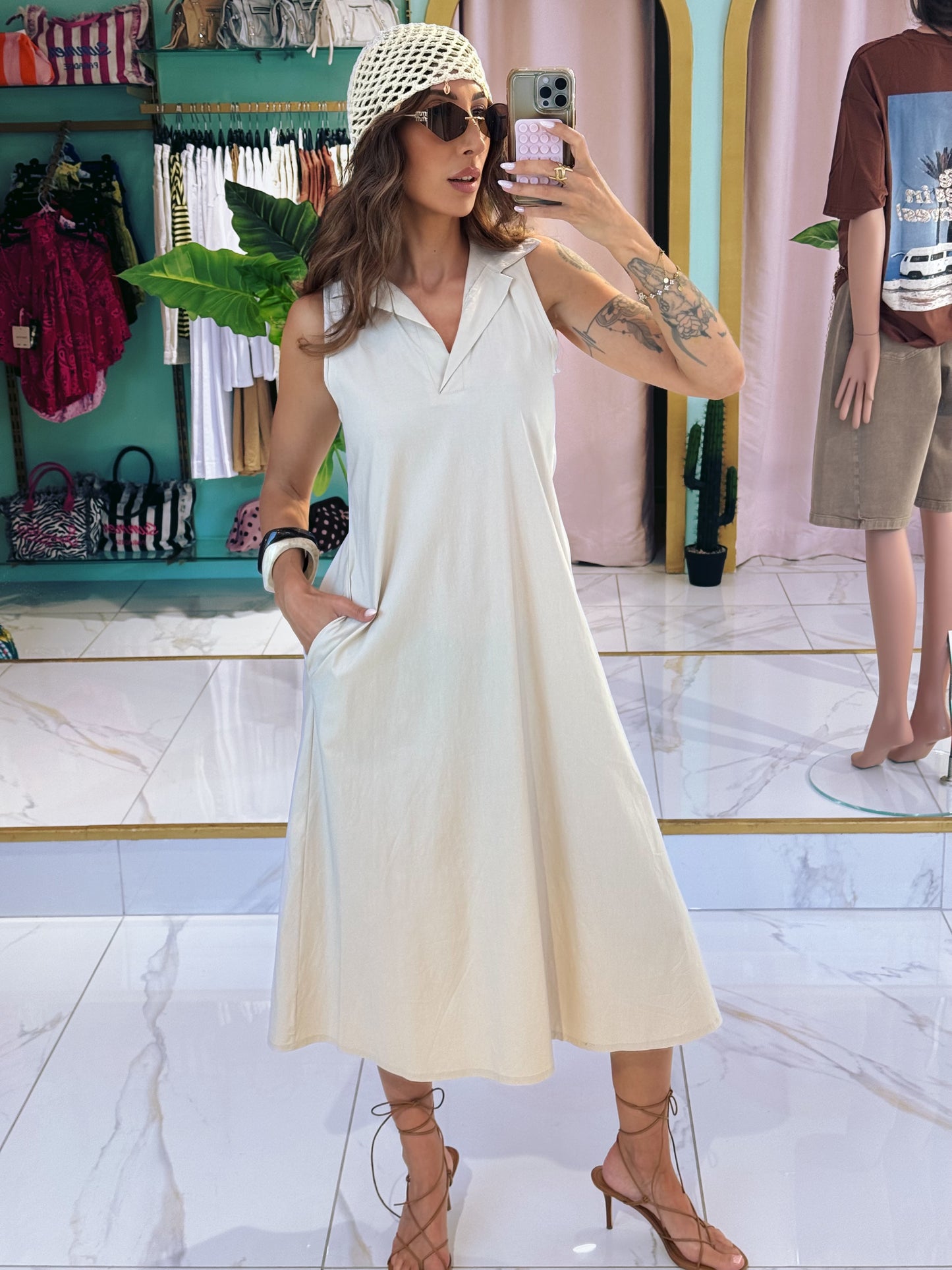 Robe midi col chemise - beige clair