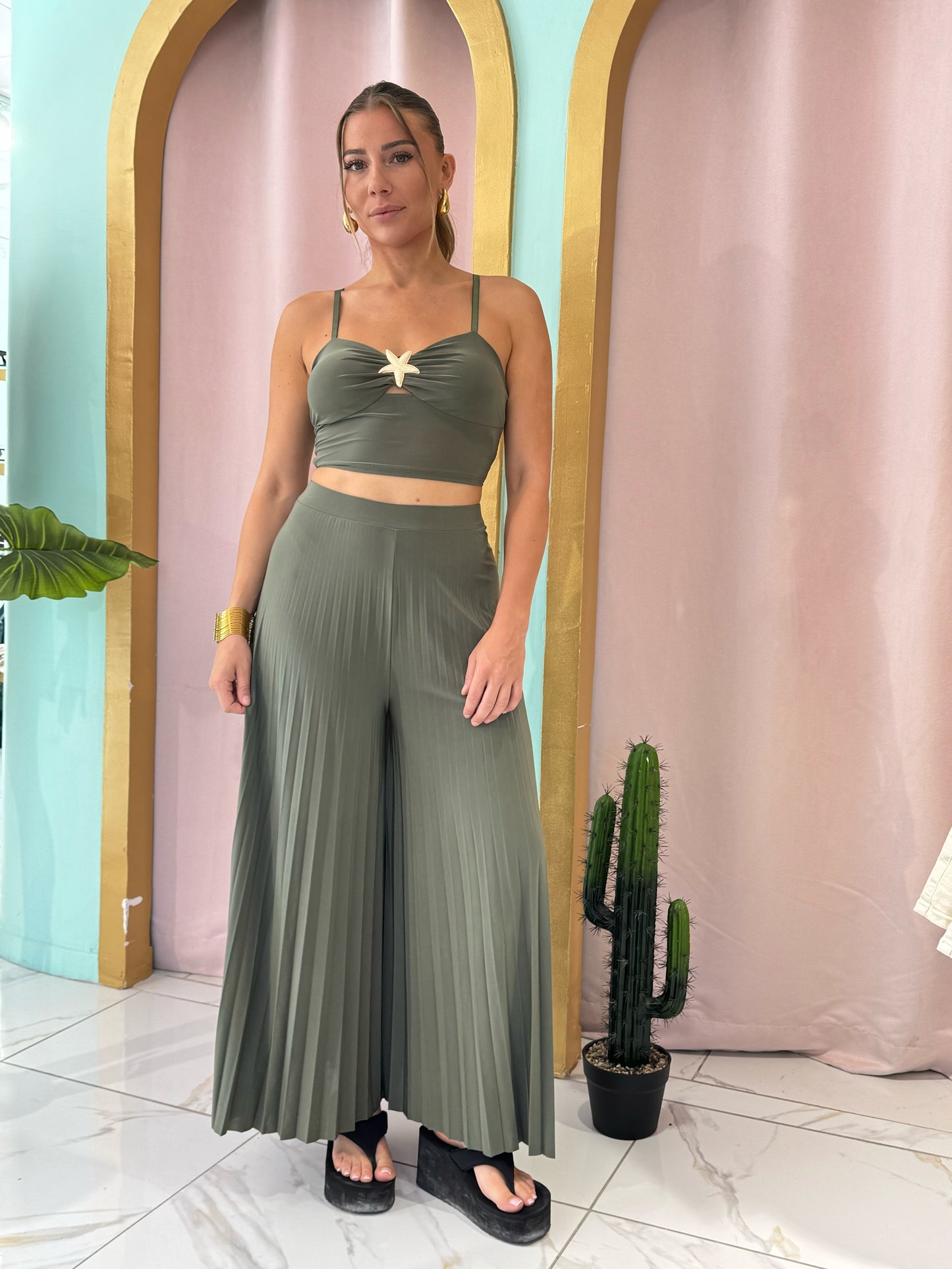 Ensemble top & pantalon palazzo plissé - kaki