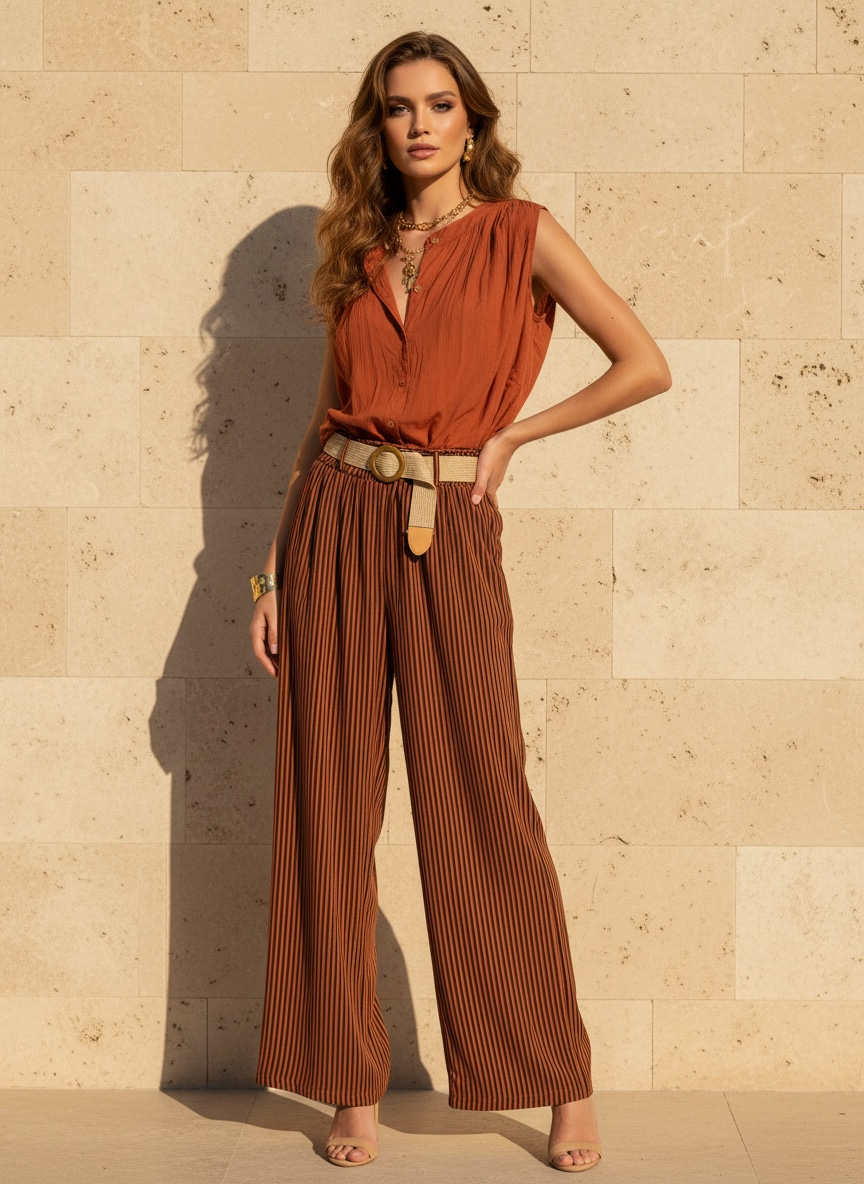 Pantalon fluide à fines rayures chocolat - terracota