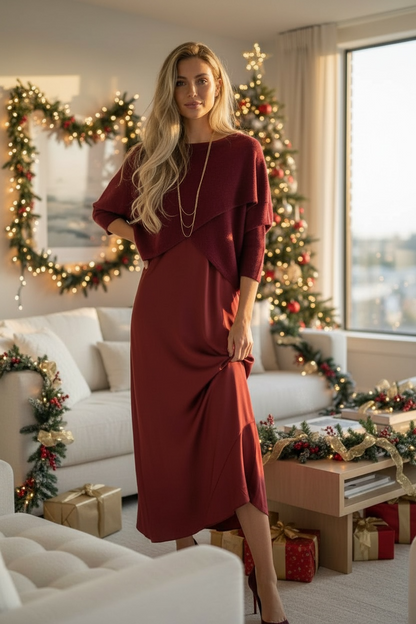 Set 2 en 1 : Robe satinée + pull cache-cœur - bordeaux