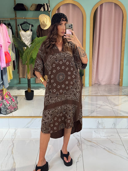 Robe tunique en gaz de coton à motif bandana - chocolat