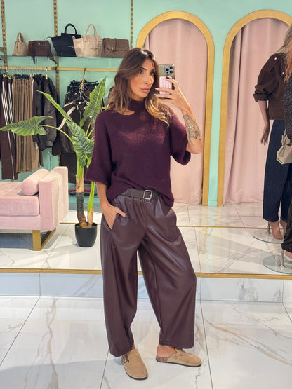 Pull manches courtes en maille col cut - bordeaux / prune