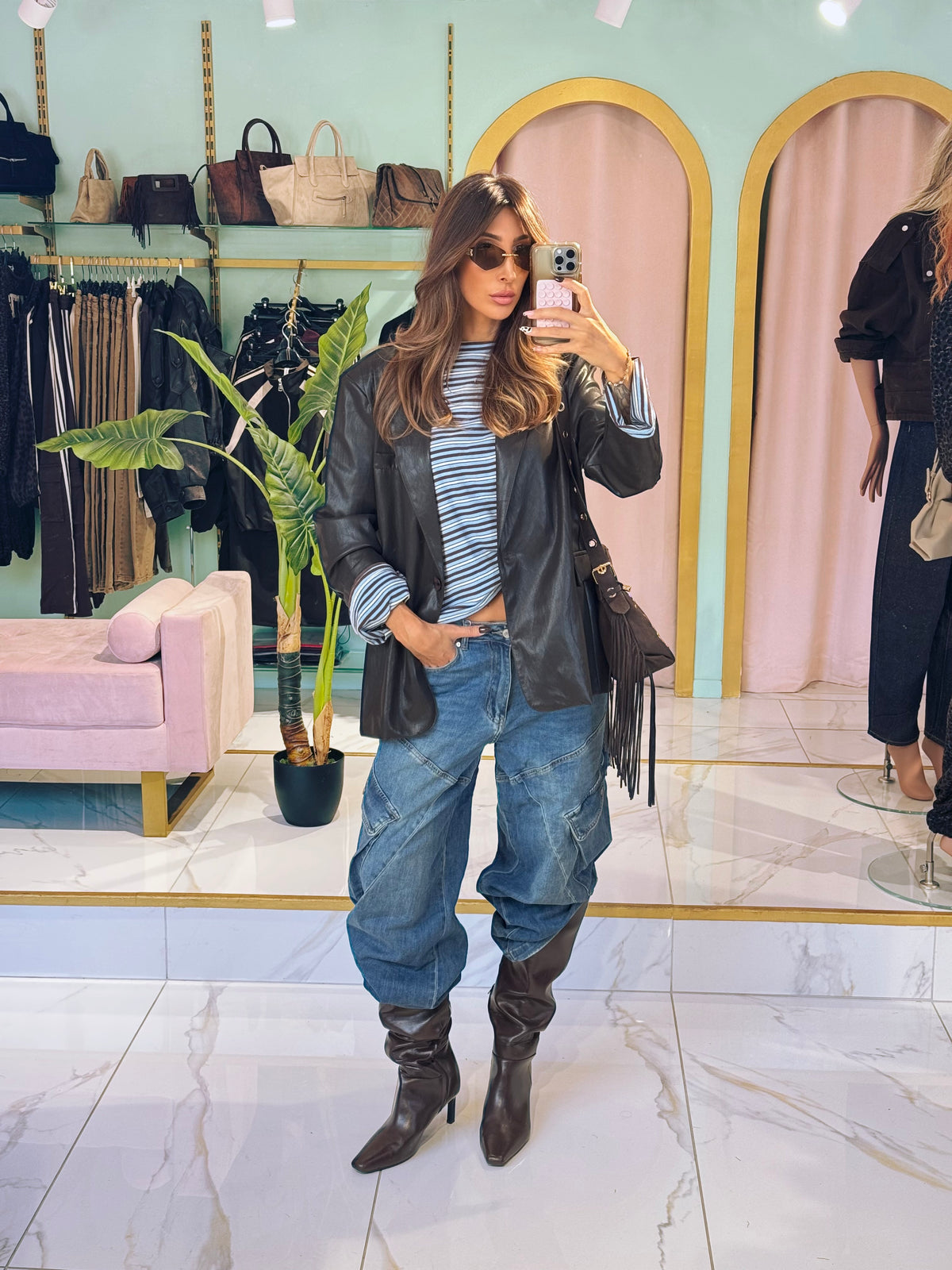 Veste tailleur oversize en simili cuir - marron