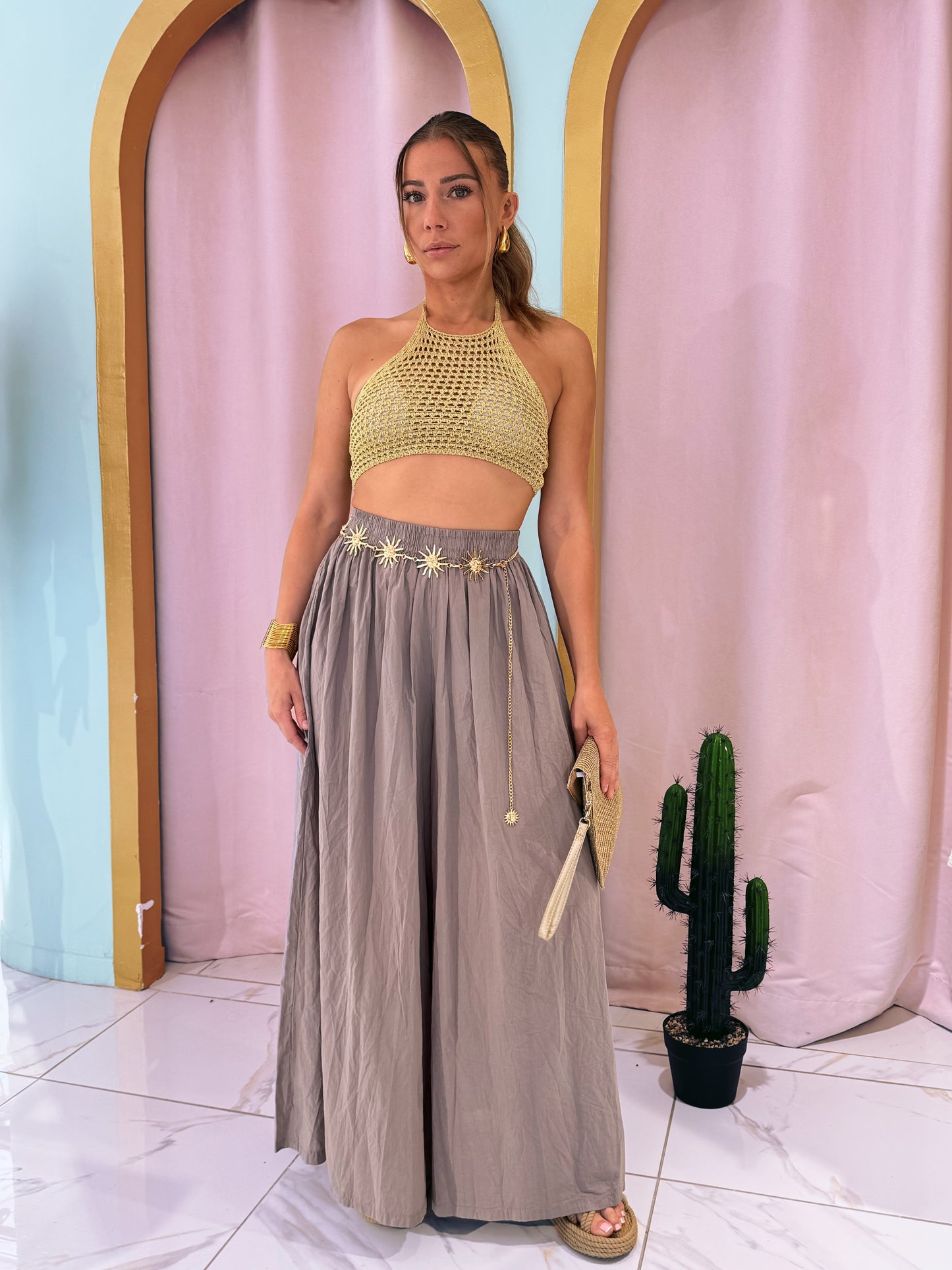 Crop top crochet en maille avec lurex - pistache