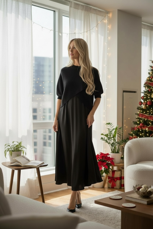 Set 2 en 1 : Robe satinée + pull cache-cœur - noir