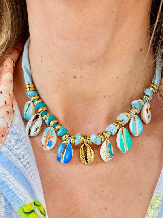Collier tissu et coquillage - Mile et Mila Turquoise