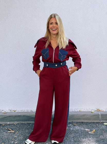 Ensemble streetwear patchwork jean & sweat – bordeaux
