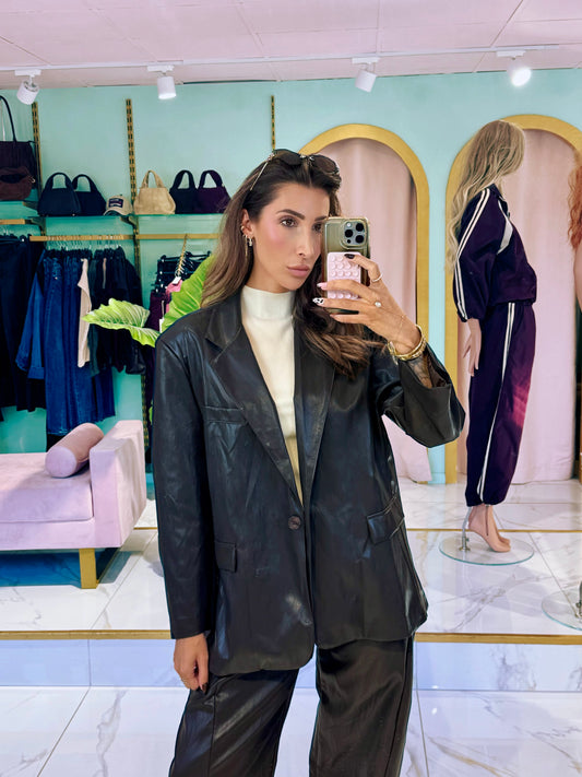 Veste tailleur oversize en simili cuir - marron foncé