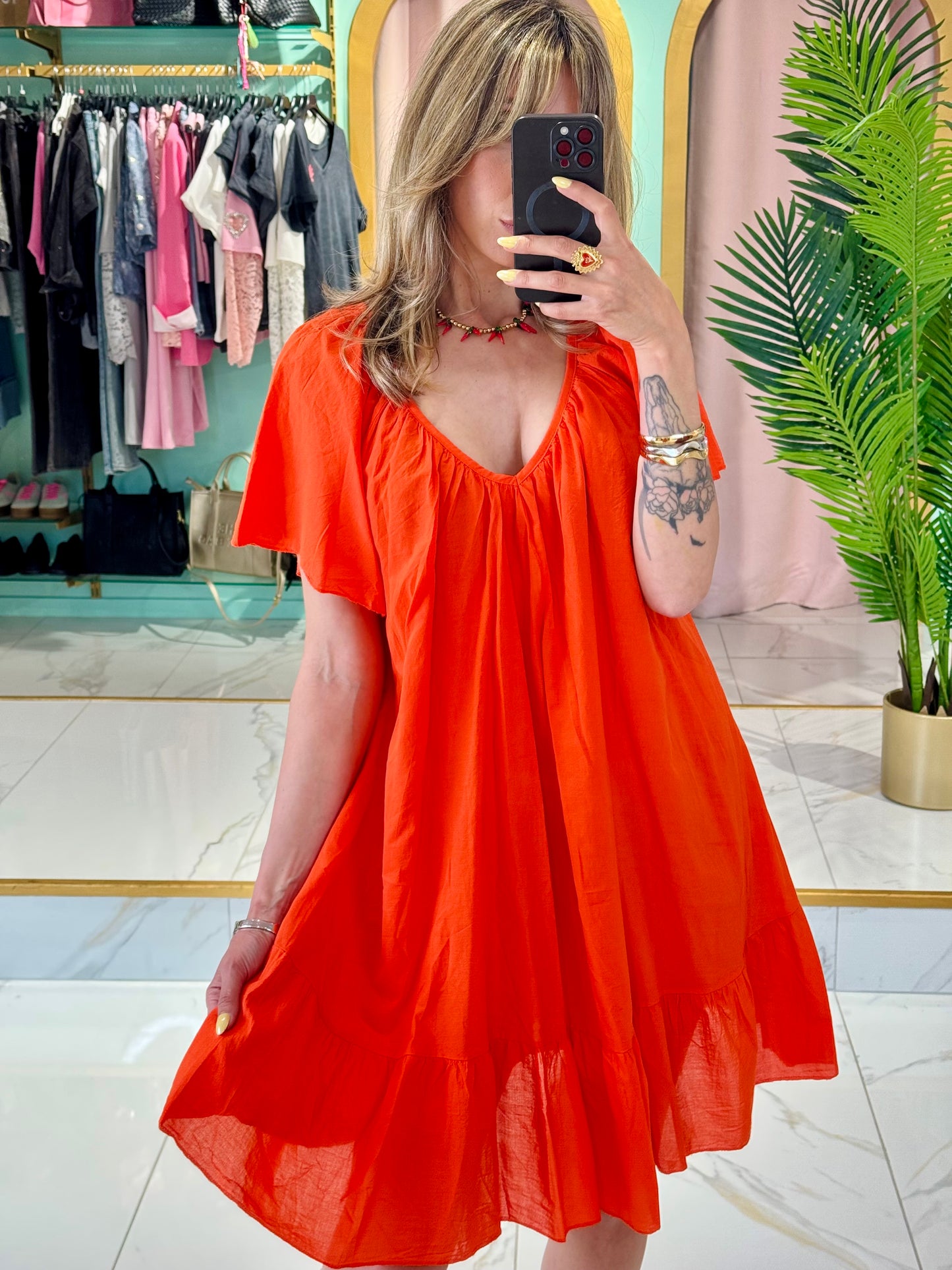 Robe coton col V dos noué - Corail