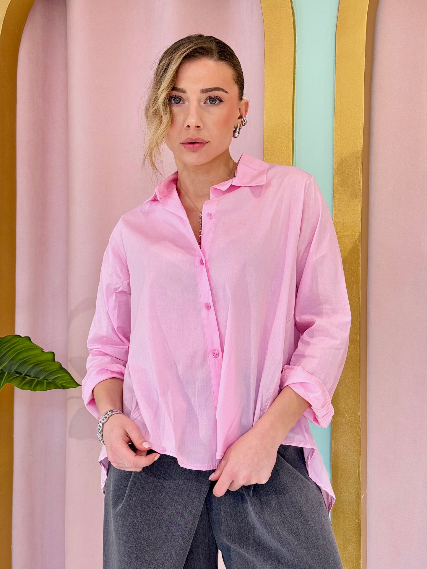 Chemise basique oversize unie rose pastel