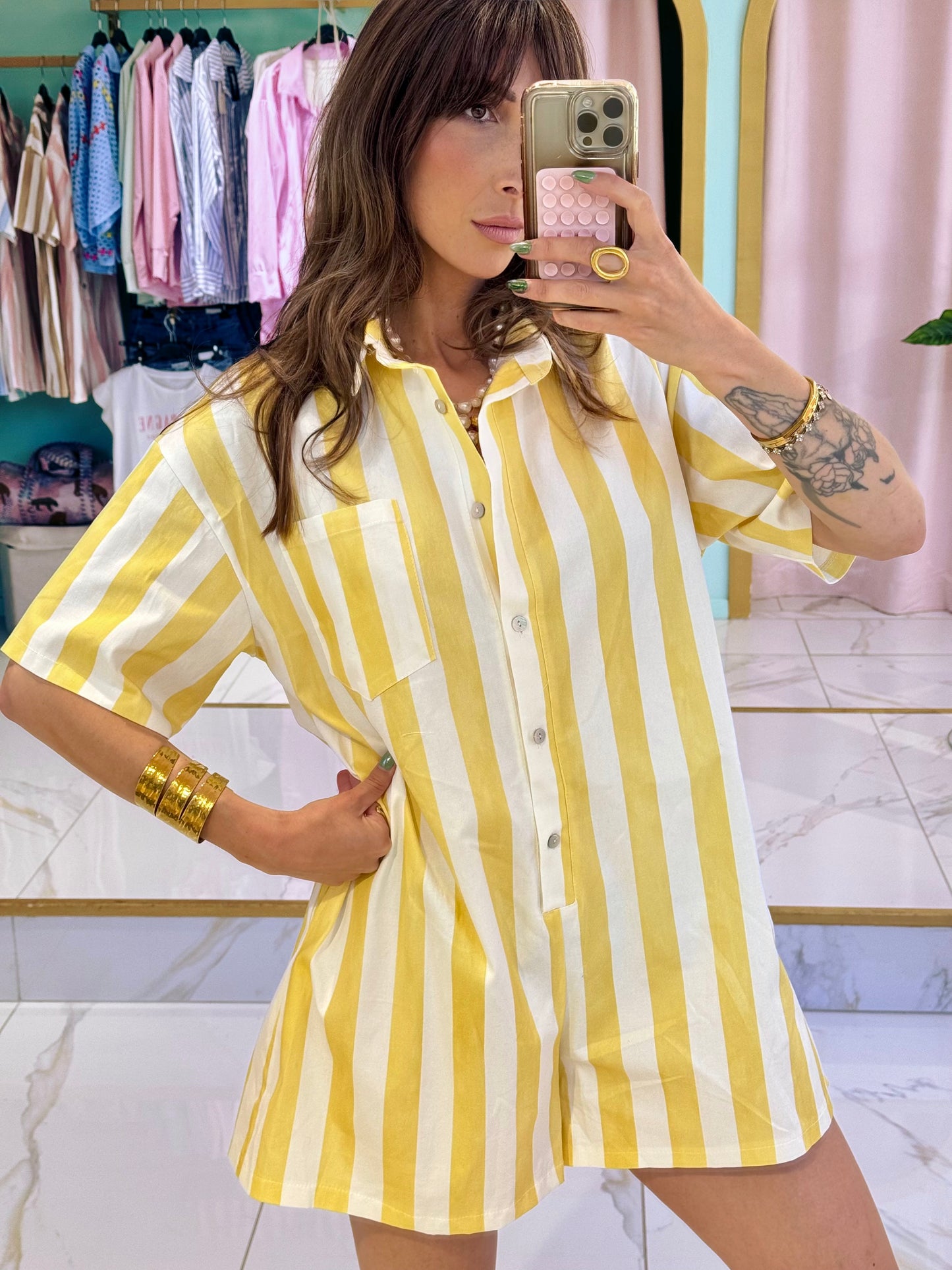 Combi short loose à rayures jaune