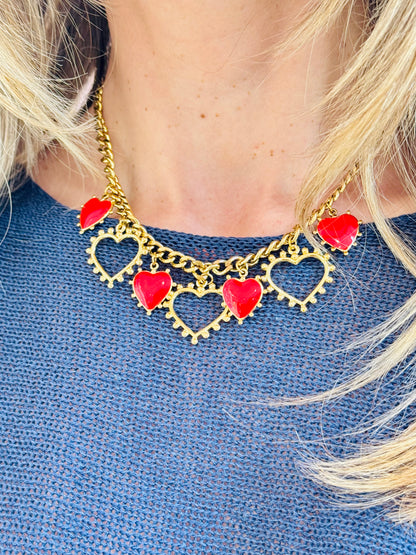 Collier multi cœurs rouge & or