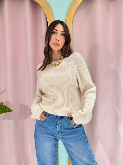 Pull en maille torsade réversible beige