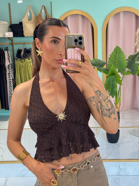 Top dentelle avec broche soleil- marron