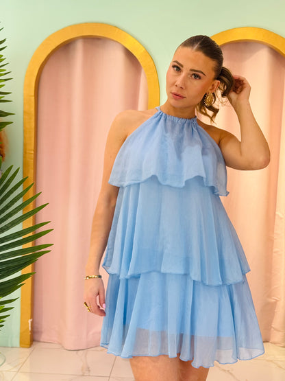 Robe trapèze  à volants bleu
