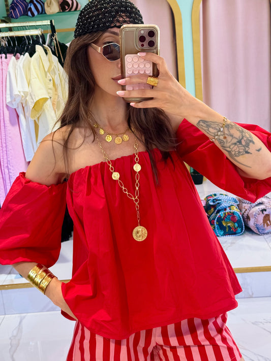 Top en popeline bouffant manche bardot - rouge