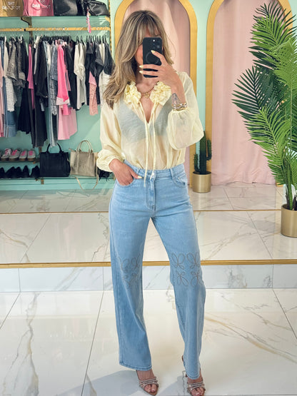 Blouse transparente col froncé – Jaune