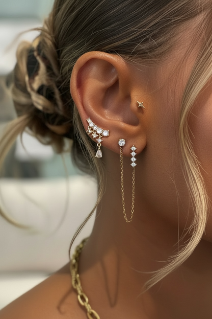 Monoboucle double barre et strass avec chaînette longue