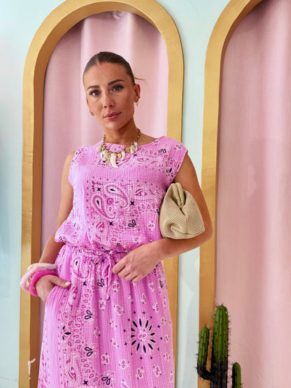 Ensemble top et jupe en gaz de coton à motif bandana- rose