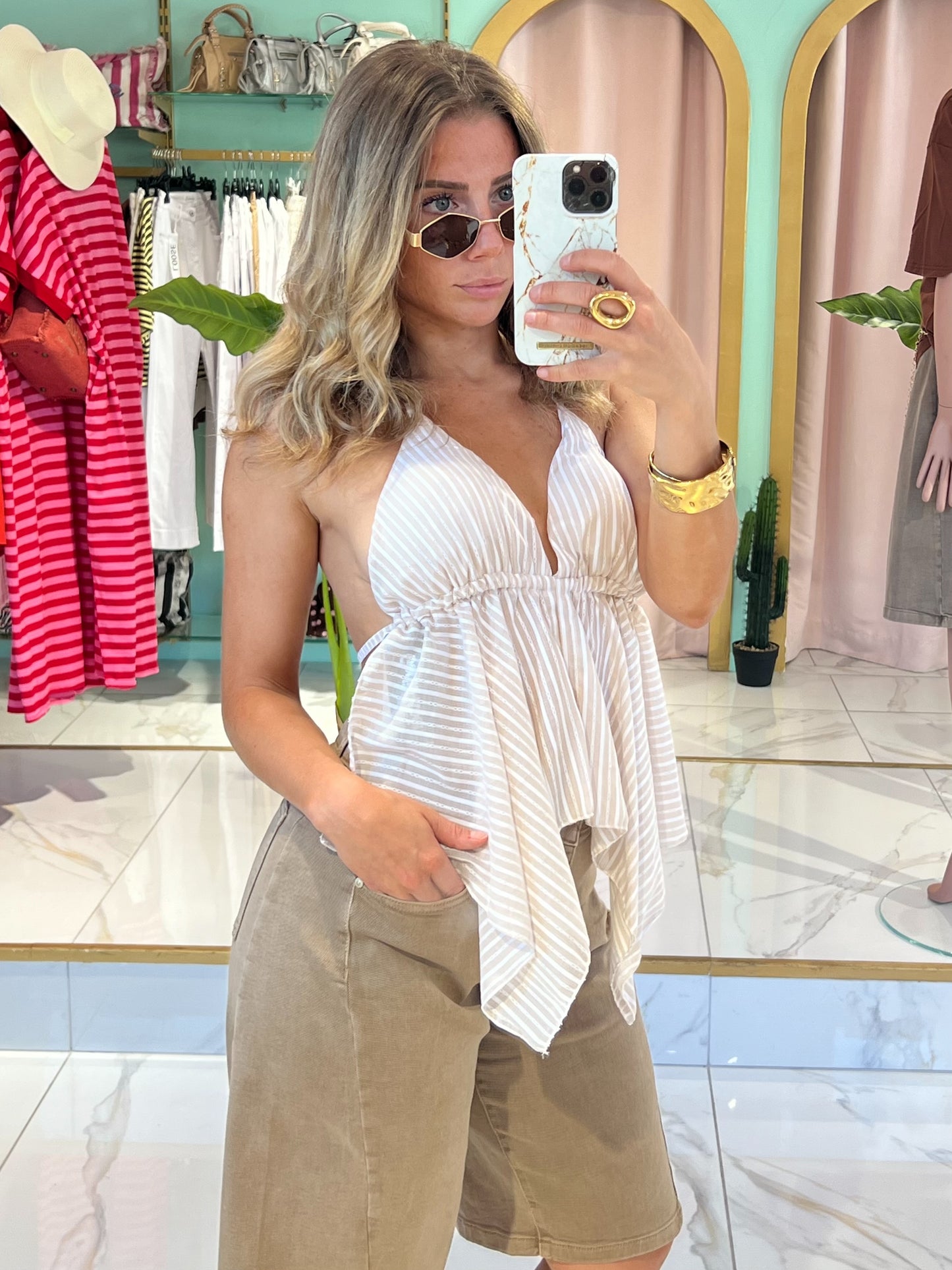 Top noué volanté avec coques - beige