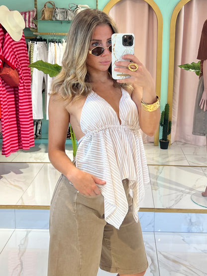 Top noué volanté avec coques - beige