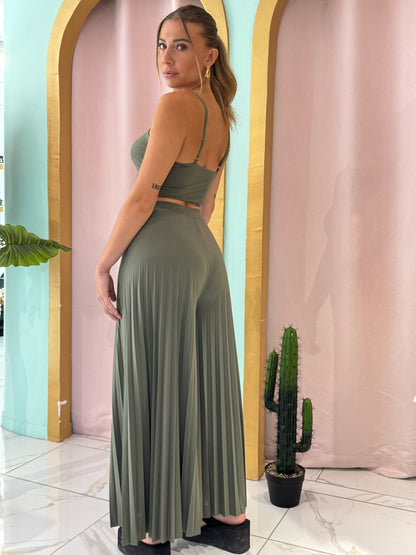 Ensemble top & pantalon palazzo plissé - kaki