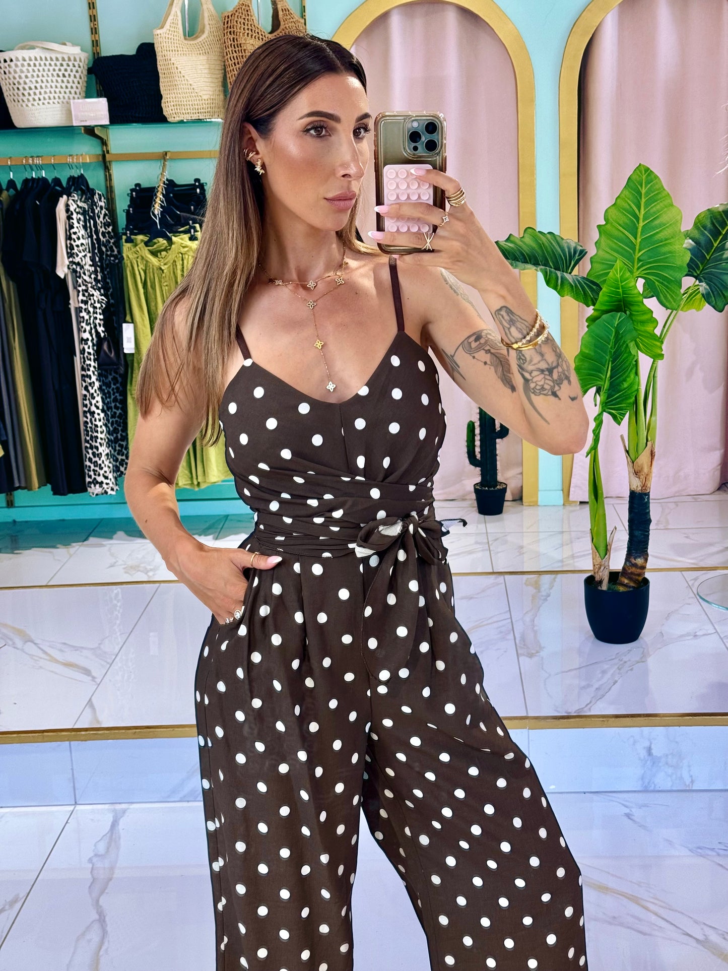 Combi Pantalon magique marron  à pois blanc
