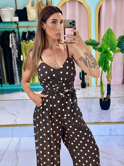 Combi Pantalon magique marron  à pois blanc