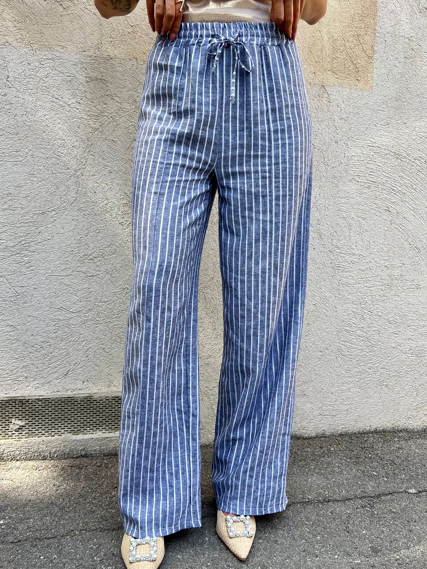 Pantalon en lin inspi pijama loose gris avec rayures silver