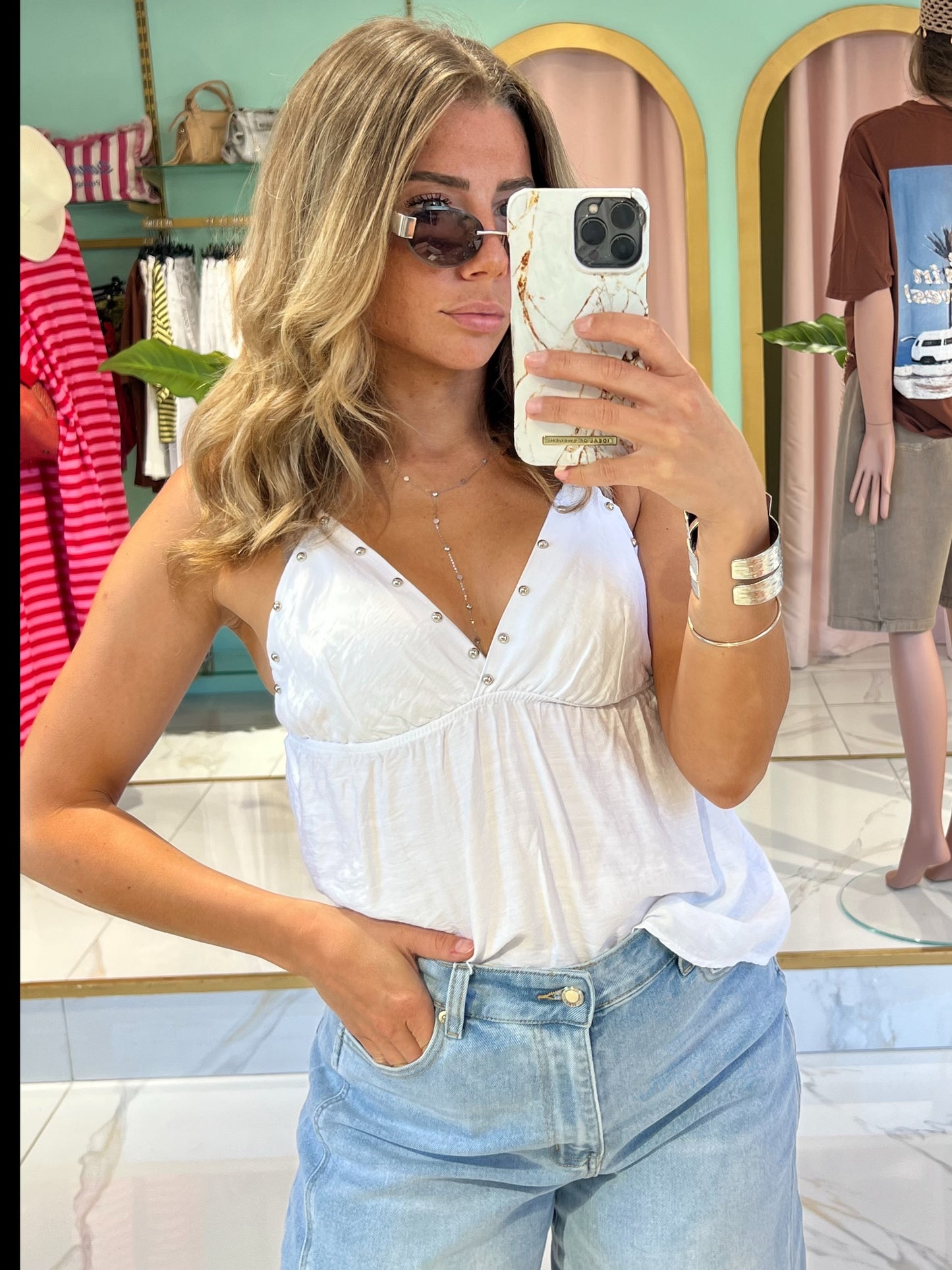 Top bretelles clouté- blanc