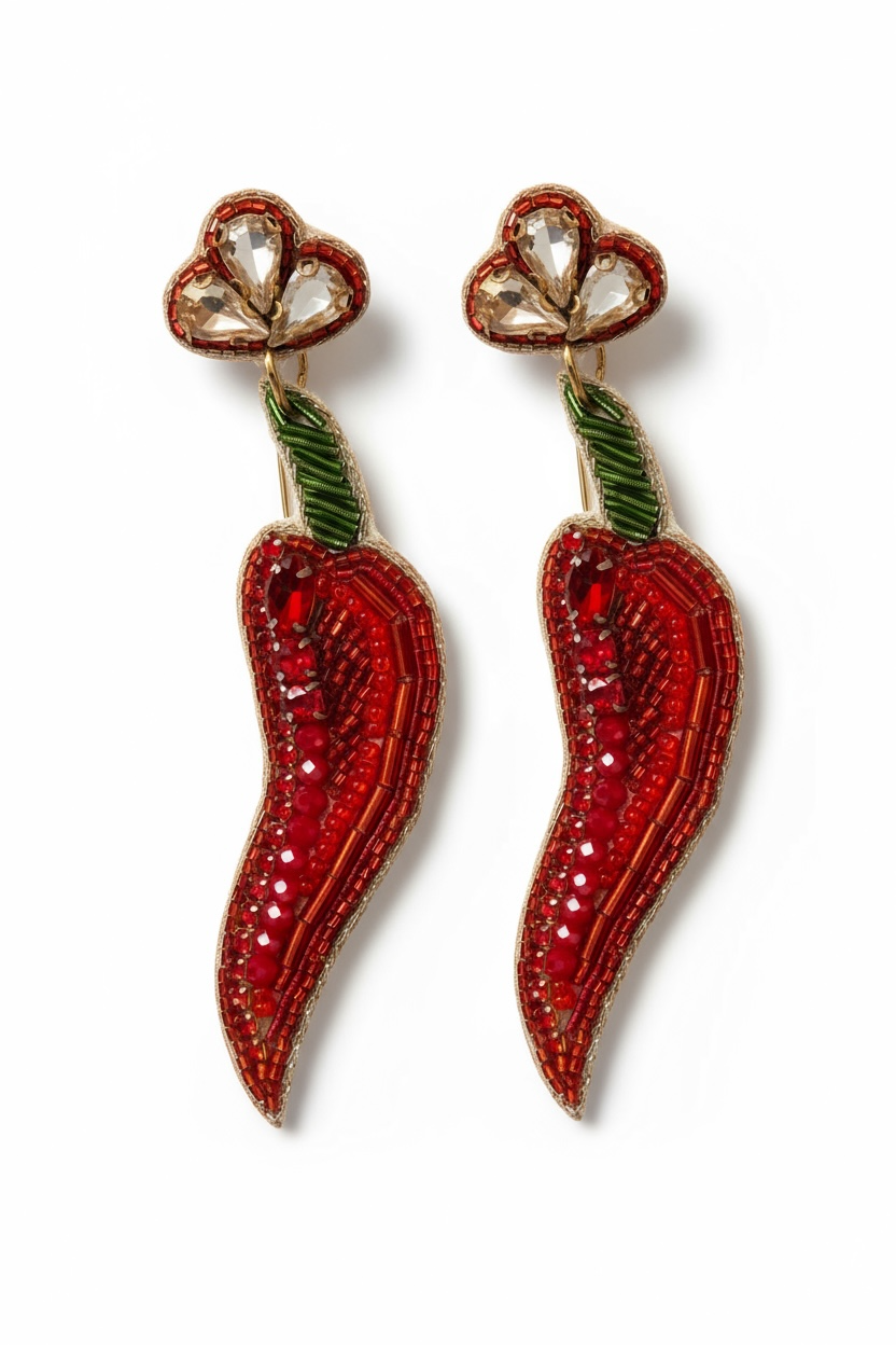 Boucles d’oreilles brodées à la main-piment rouge