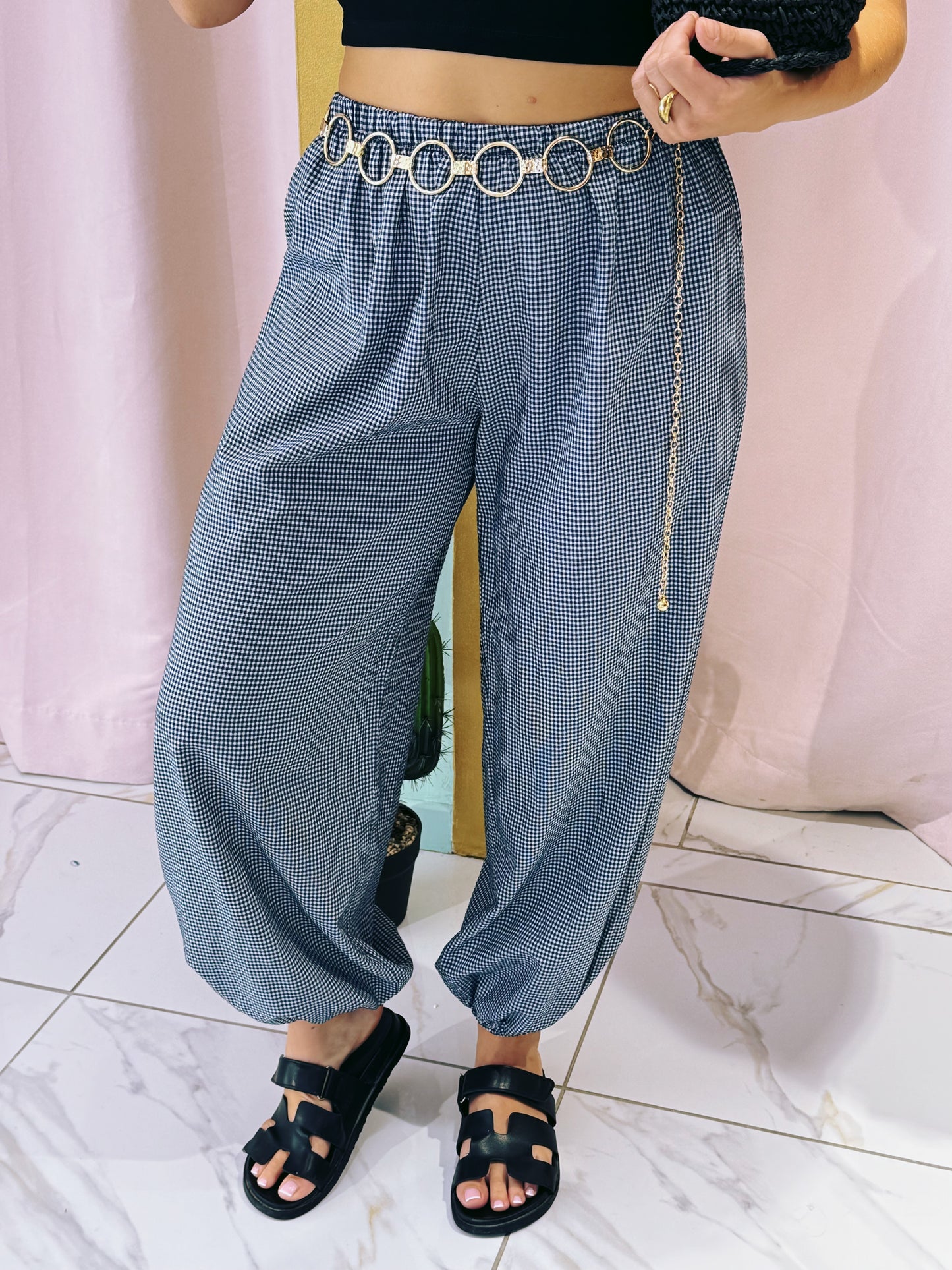 Pantalon bouffant à petit carreaux - bleu foncé