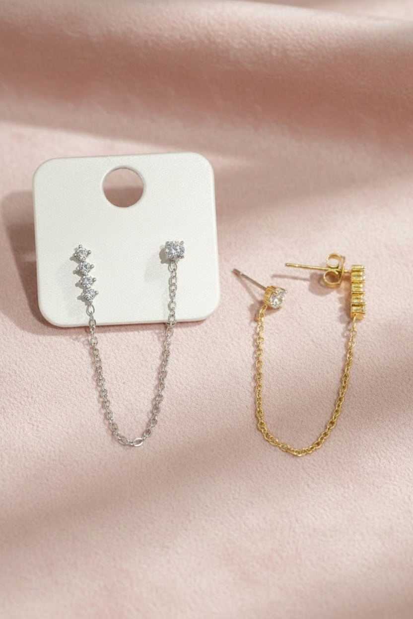 Monoboucle double barre et strass avec chaînette longue