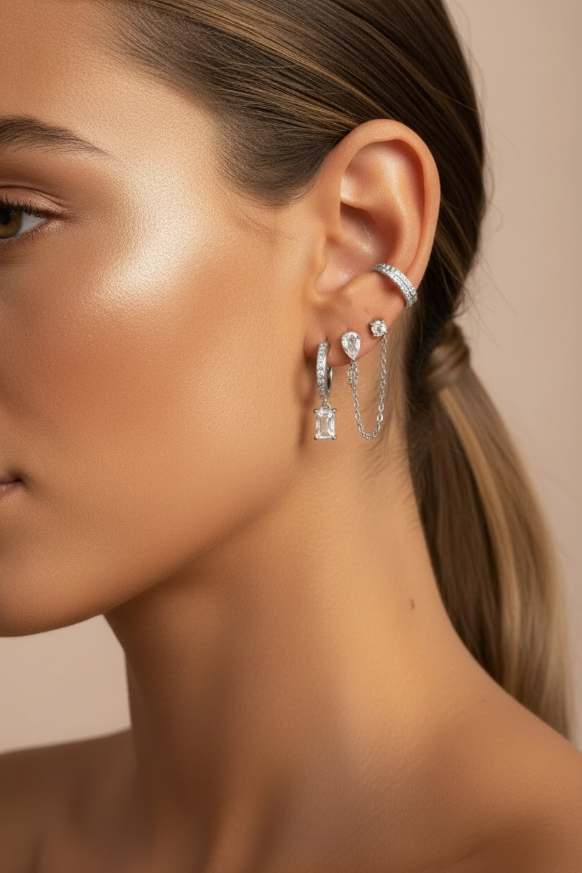 Boucle d’oreille petit anneau et carré strass gamme spacy