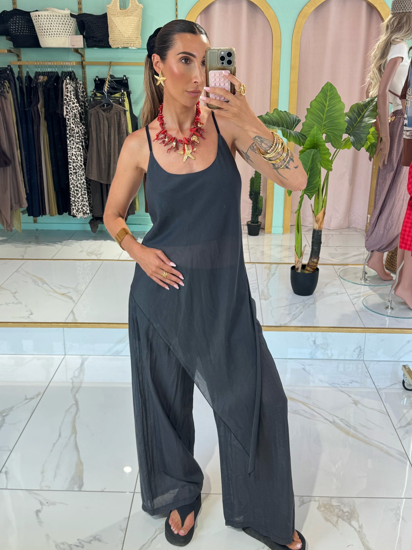 Ensemble top asymétrique  & pantalon léger et fluide - Noir ( délavé )