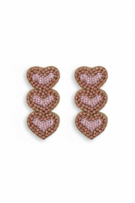 Boucles d’oreilles brodées à la main- cascade de cœur rose