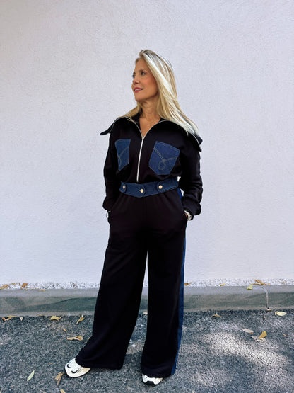 Ensemble streetwear patchwork jean & sweat – noir